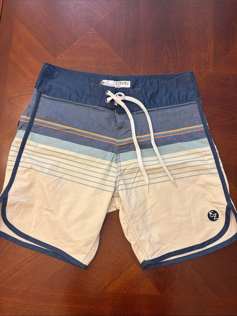 Men's Blue and Cream Striped Swim Trunks